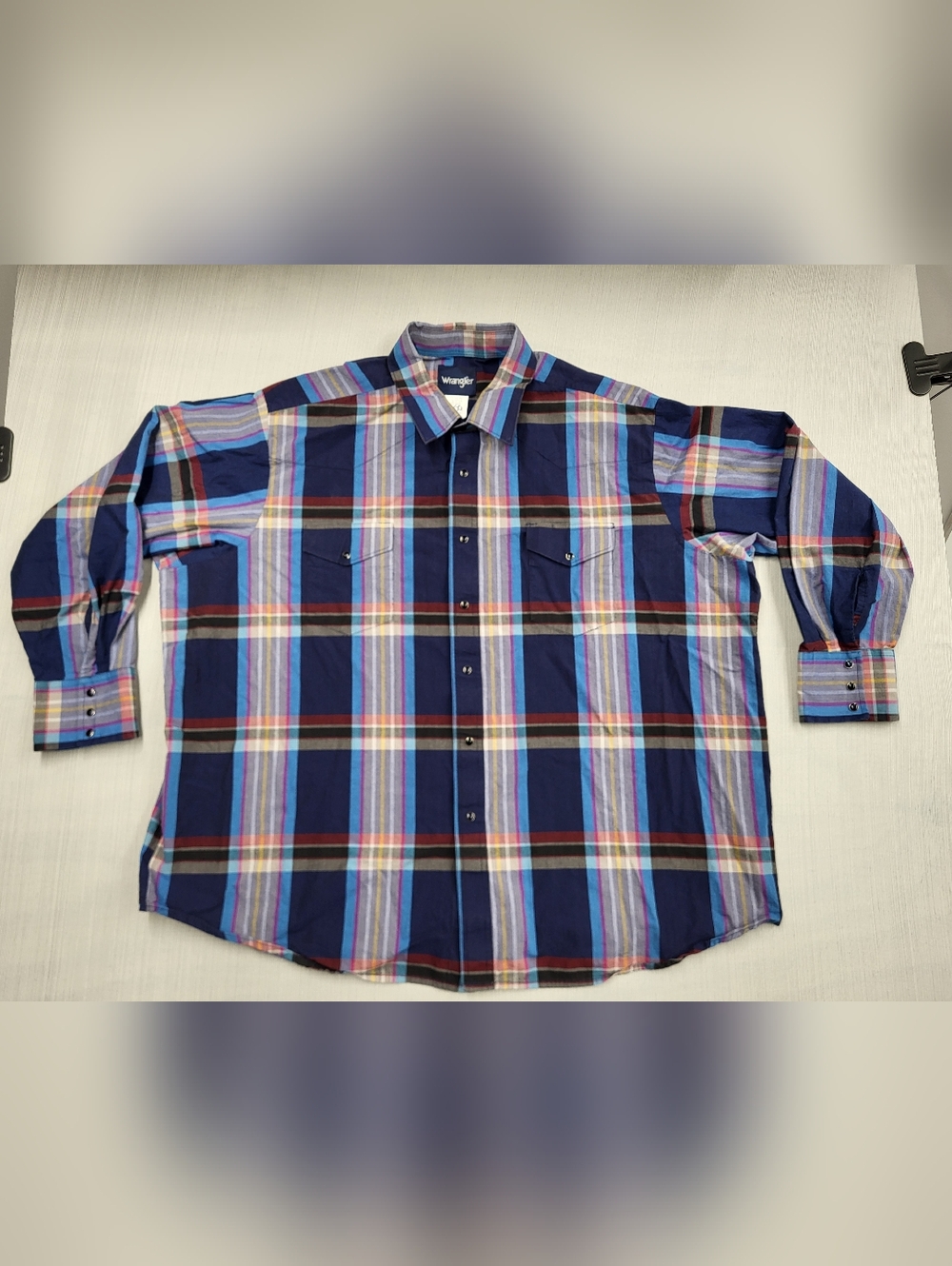 Wrangler Shirt Men 3XL Blue Gray Plaid Pearl Snap Western Flannel Cowboy Wear